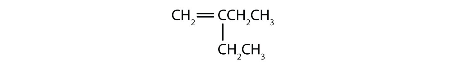 Condensed formula of 2-Ethyl-1-butene. The position of the double bond and radical are indicated in the name.