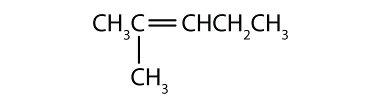Condensed formula of 2-methyl-2-pentene. The position of the double bond and radical are indicated in the name.