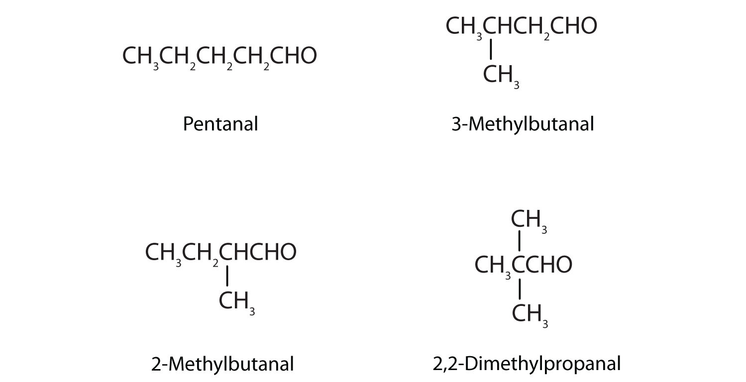 Condensed formula of Pentanal, 3-Methyl-butanal, 2-Methyl-butanal and 2,2-Dimethylpropanal.