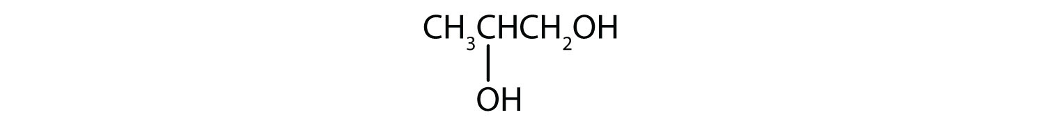 Condensed formula of 1,2-propanediol. The position of functional group -OH is indicated. The numbers used for naming are indicated on Carbon.