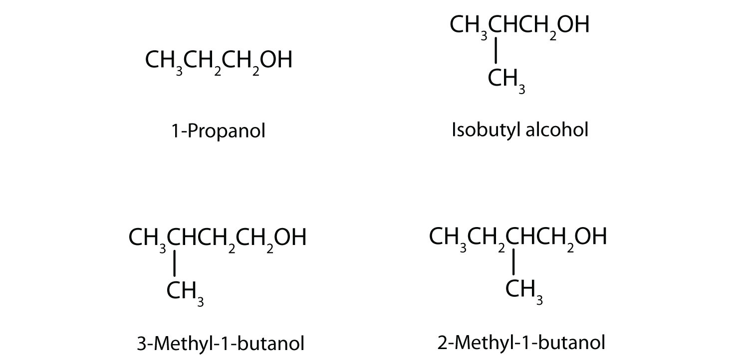 Condensed formula of 1-Propanol, Isobutyl alcohol, 3-Methyl-1-butanol and 2-Methyl-1-butanol.