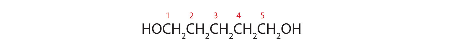 Condensed formula of 1,5-pentanediol. The position of functional group -OH is indicated. The numbers used for naming are indicated on Carbon.  