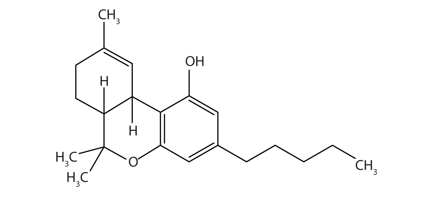 Formula of the active compound of marihuana showing different functional groups.