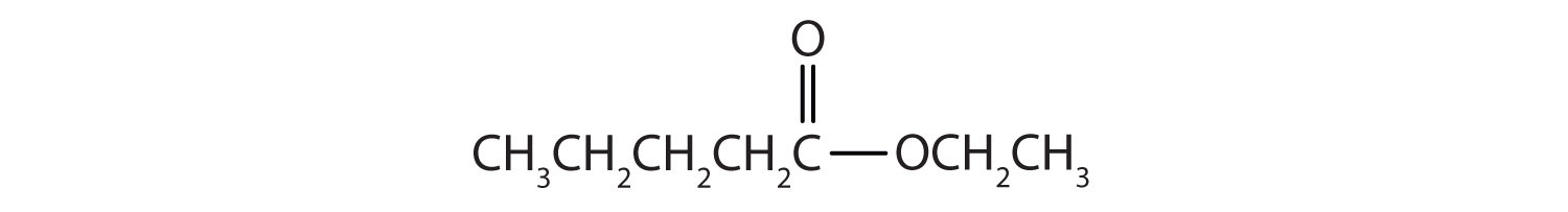 Formula of an ester obtained by the reaction of pentanoic acid and ethyl alcohol.