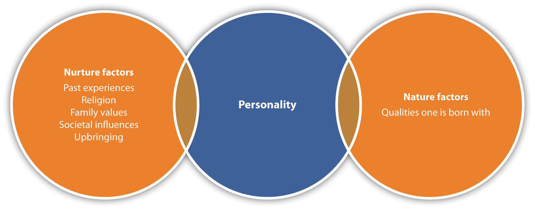 Diagram showing the overlapping over nurture factors and nature factors with personality