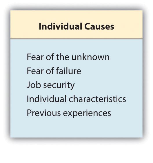 Individual causes of fear of change: fear of the unknown, fear of failure, job security, individual characteristics, previous experiences