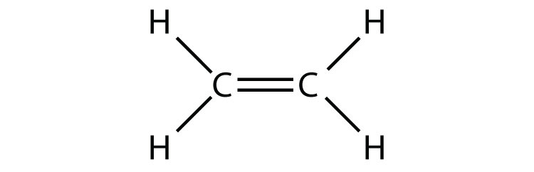 The Ethene molecule (organic compound) shows a double covalent bond (double line) between both Carbon atoms. Each carbon forms two single covalent bonds represented by single lines with Hydrogen. 