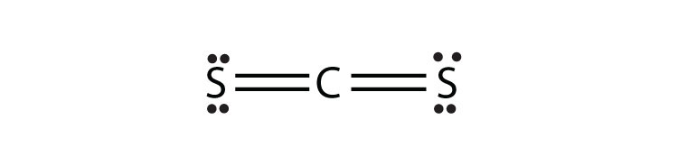 The Carbon Disulfide (CS2) molecule shows two pairs of double covalent bonds (doble lines) between Carbon and each Sulfur. Each Sulfur atom shares two electrons with Carbon. The Carbon atom shares four electrons, two ones with each Sulfur. The molecule structure also shows two lone pairs of electrons on each Sulfur atom.