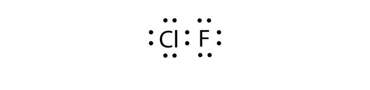 A single covalent bond is shown by two dots between both atoms in the Chlorine Fluoride molecule. The other dot pairs are the lone pairs of electrons.