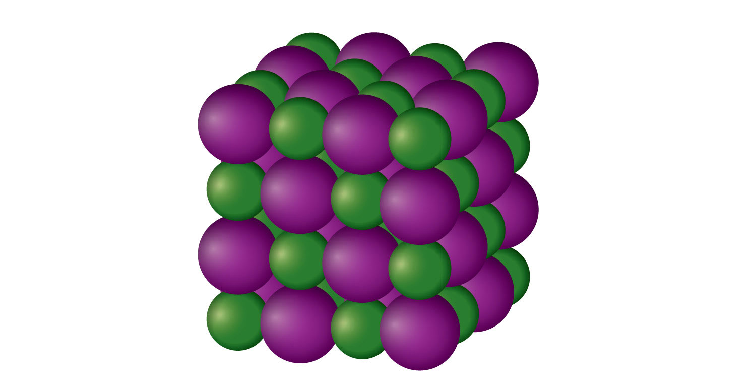 Three-dimensional diagram of alternating sodium positive ions and chlorine negative ions.