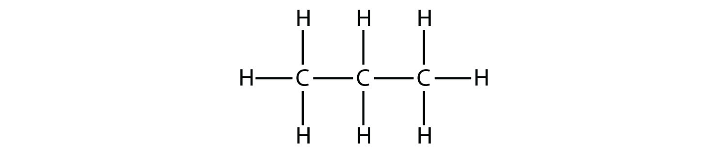 Structural formula of showing covalent bonds (short lines) between Hydrogen and Carbon atoms and between atoms of Carbon atoms- propane