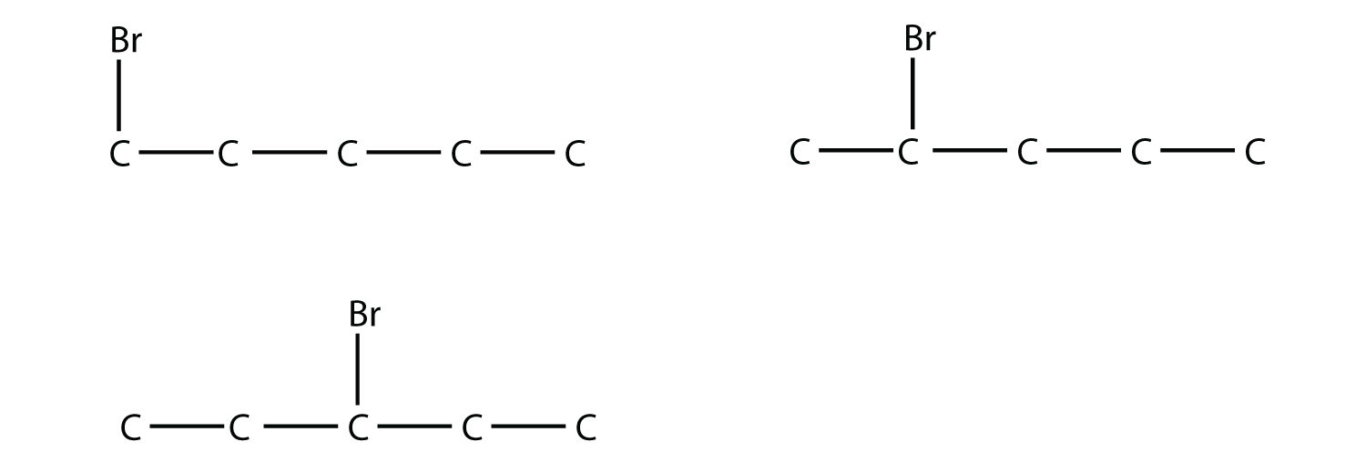 structural formulas for 1-Bromopentane, 2-Bromopentane and 3-Bromopentane.