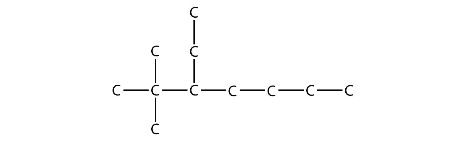 - Structural formula of 2,2-dimethyl-3-ethyl-heptane. The single bonds between Hydrdogen and Carbon are not represented. The position of the radicals is indicated in the compound formula name.