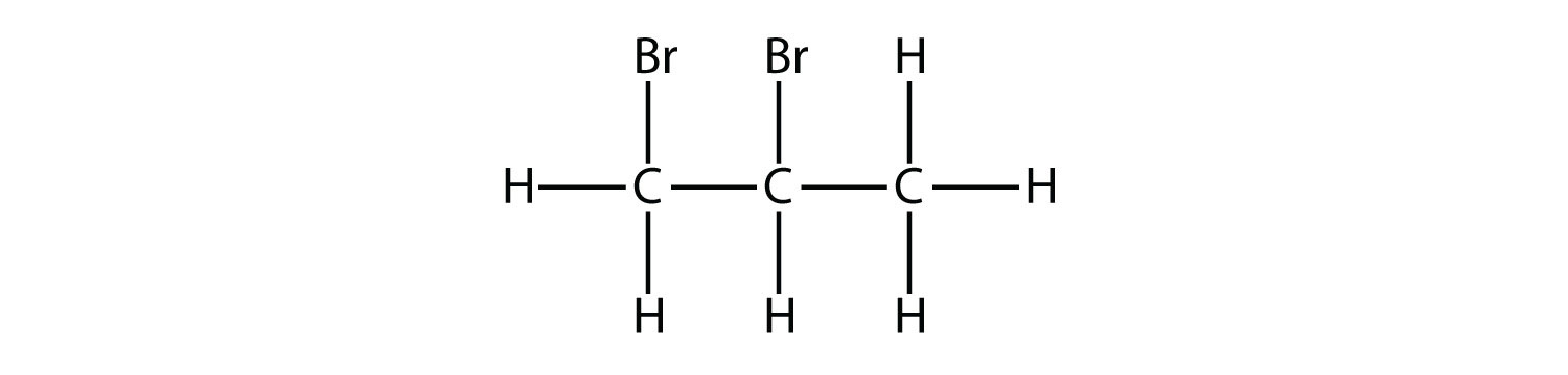 The compound 1,2 dibromopropane has two atoms of Bromine substituting the Hydrogen on indicated positions.