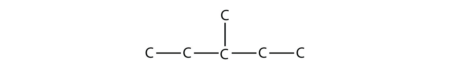 Structural formula of 3-methyl-pentane. The single bonds between Hydrdogen and Carbon are not represented.