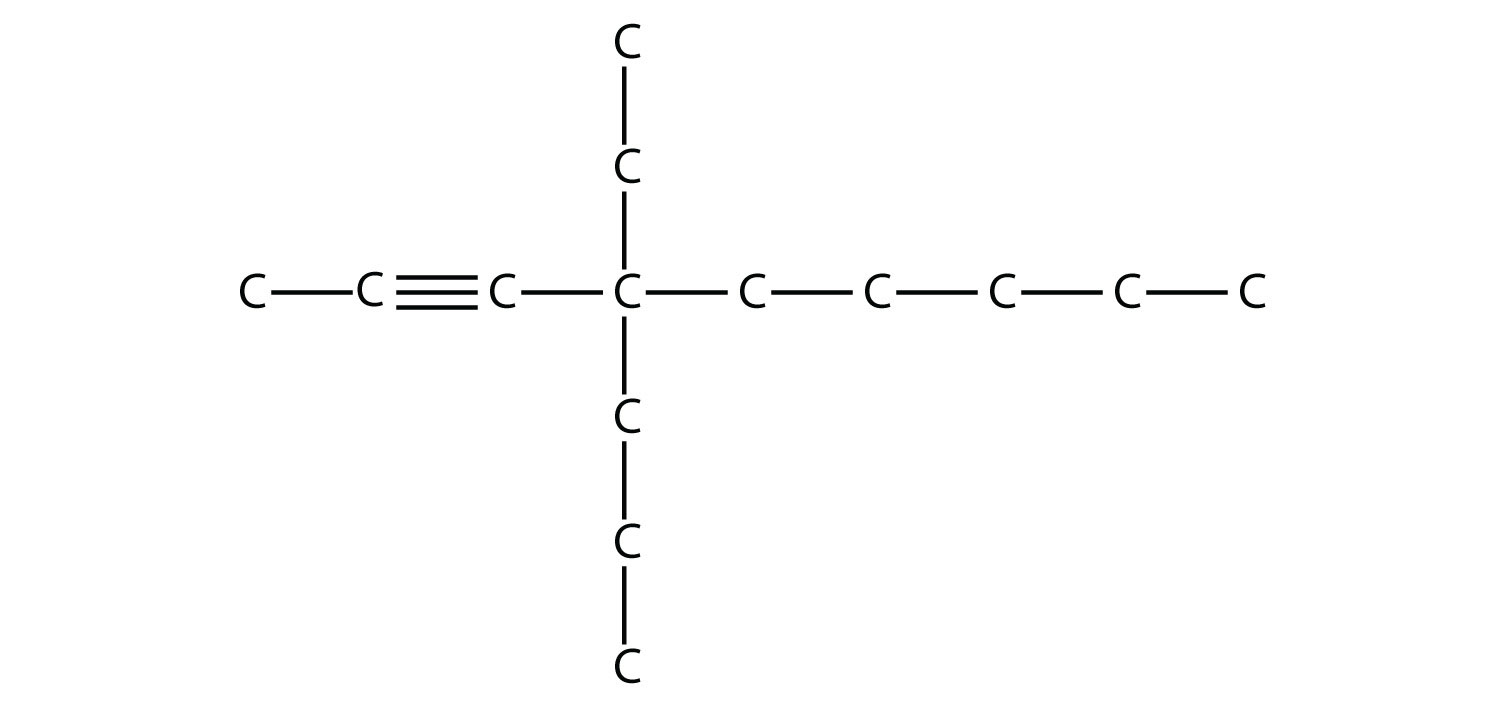 The structural formula of 4,4 ethyl, propyl-2-nonyne without representing the Hydrogen atoms present in the molecule. The compound name indicates the position of alkyl radicals and the position of the triple bonds. 
