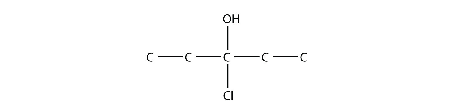  Structural formula of 3-Chloro-3-pentanol. The position of the funcional group hydroxil is indicated in the compound formula.
