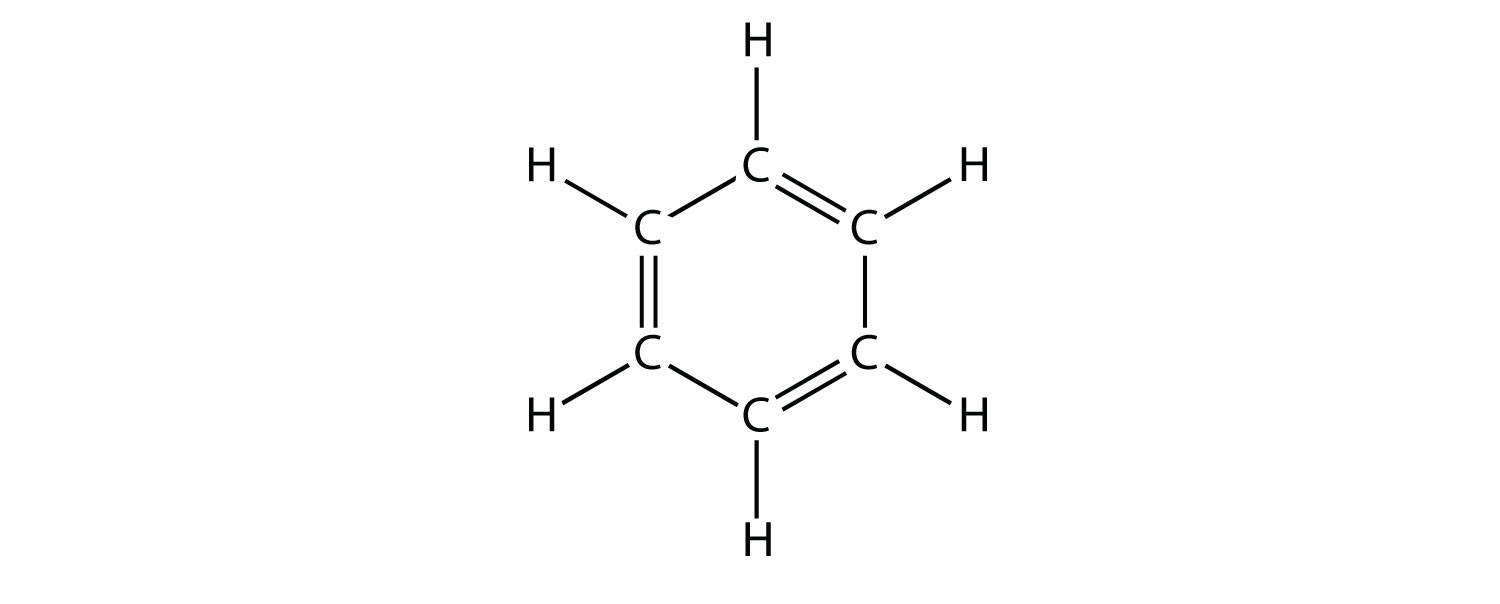 -	Expanded structure of Benzene showing six Carbon atoms in a ring, with alternating single and double Carbon bonds.