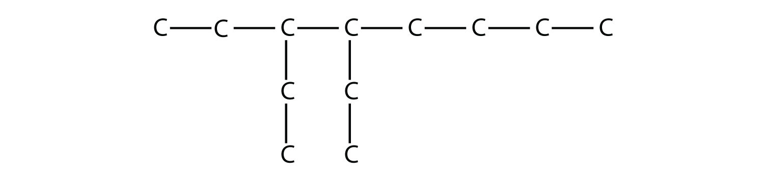 The structural formula of 3,4 diethyl-octane without representing the Hydrogen atoms present in the molecule. The compound name indicates the position of alkyl radicals. 
