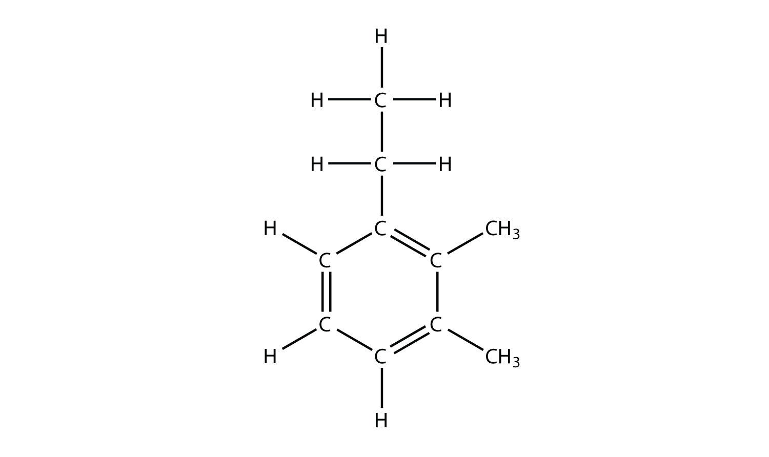 Structural formula of aromatic compound 1-ehtyl-2,3dimethyl-benzene.