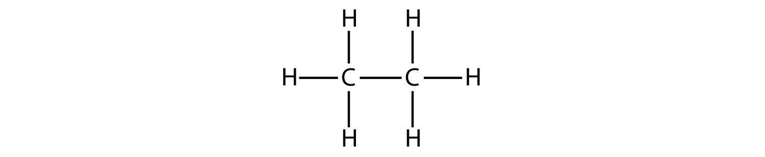 Structural formula of showing covalent bonds (short lines) between Hydrogen and Carbon atoms and between atoms of Carbon atoms -- ethane 
