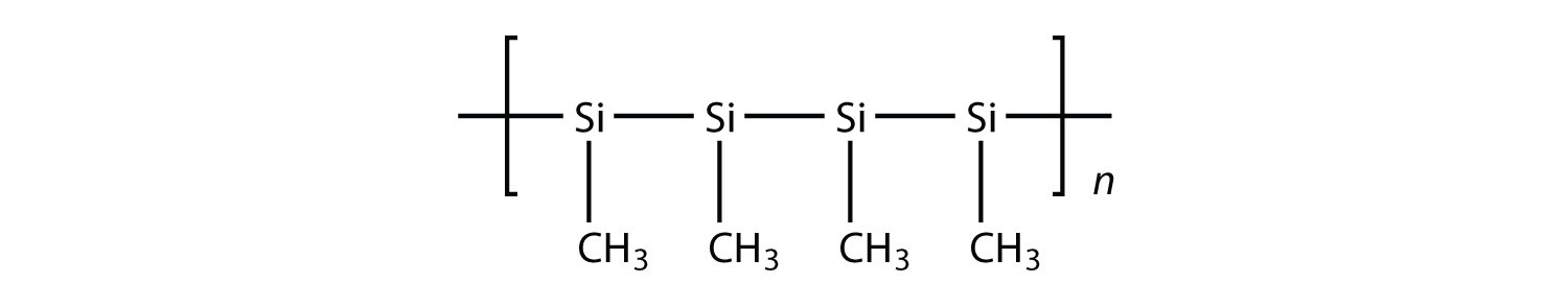 Structural formula of poly-methylsylane (polymer formed from several (n) sylane molecules.