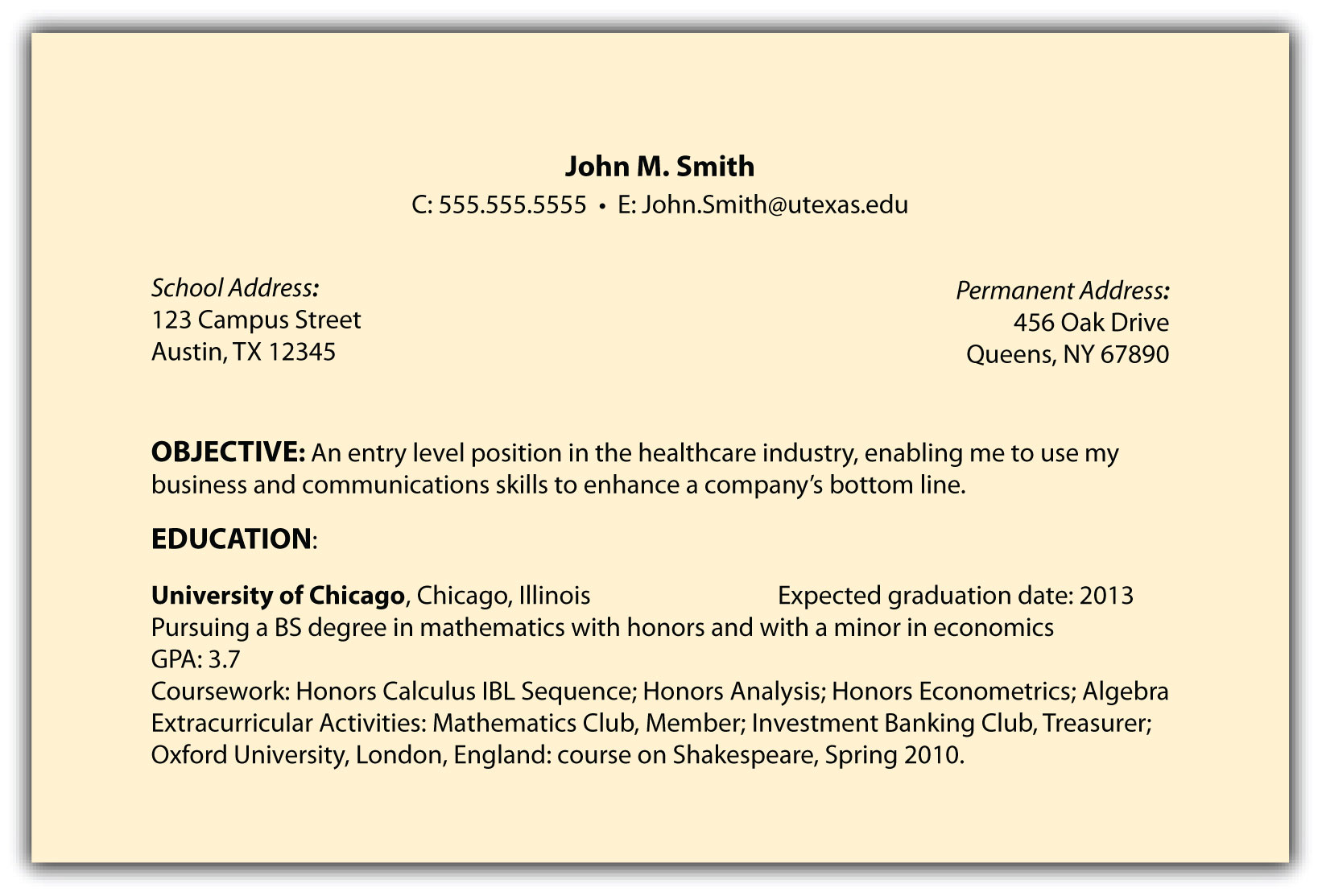 Sample resume with minor listed