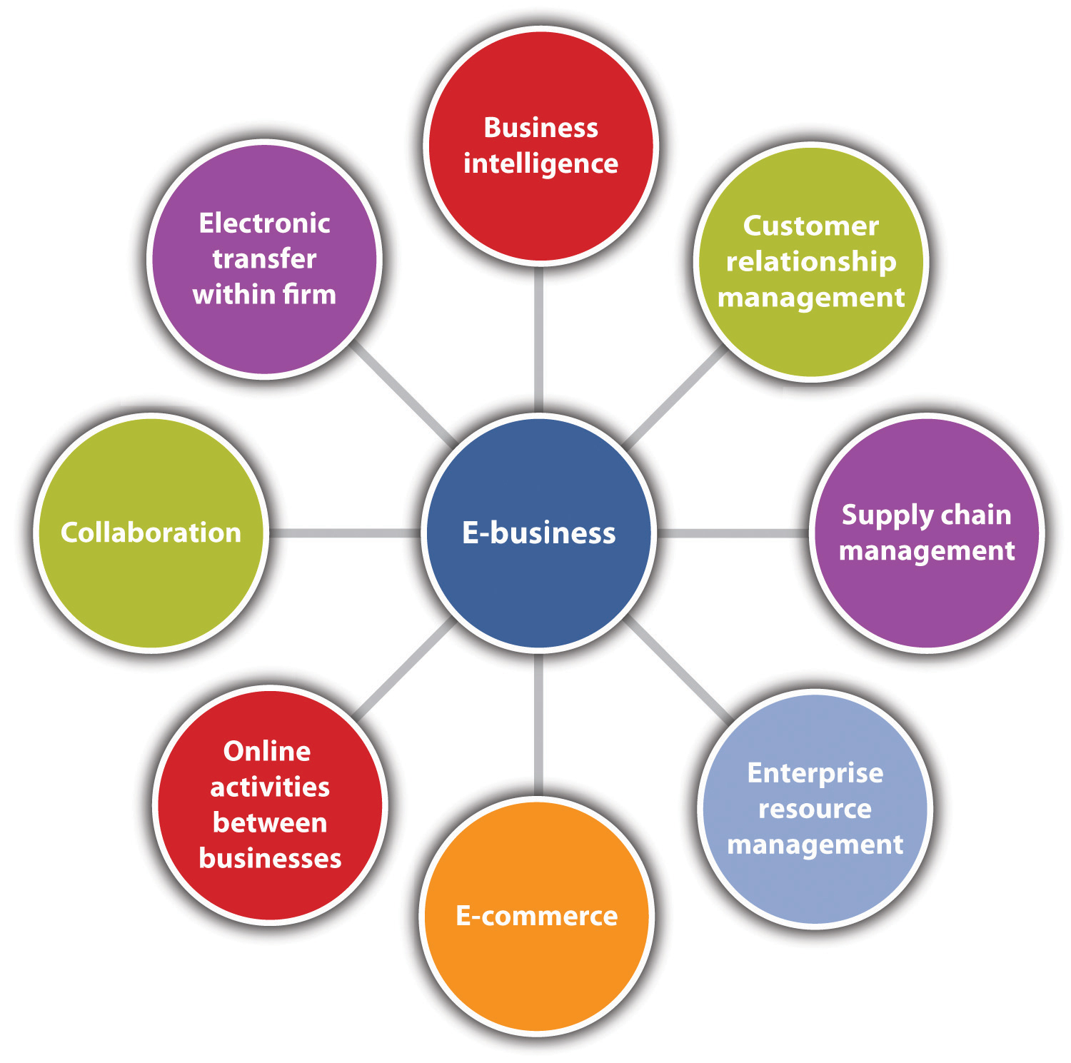 E-Business Components - business intelligence, customer relationship management, supply chain management, enterprise resource management, e-commerce, online activities between businesses, collaboration, and electronic transfer within firm