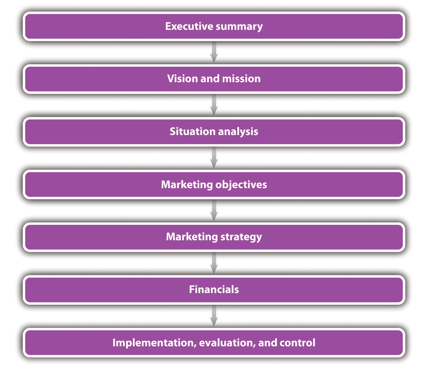 The Marketing Plan: executive summary, vision and mission, situation analysis, marketing objectives, marketing strategy, financials, implementation, evaluation, and control