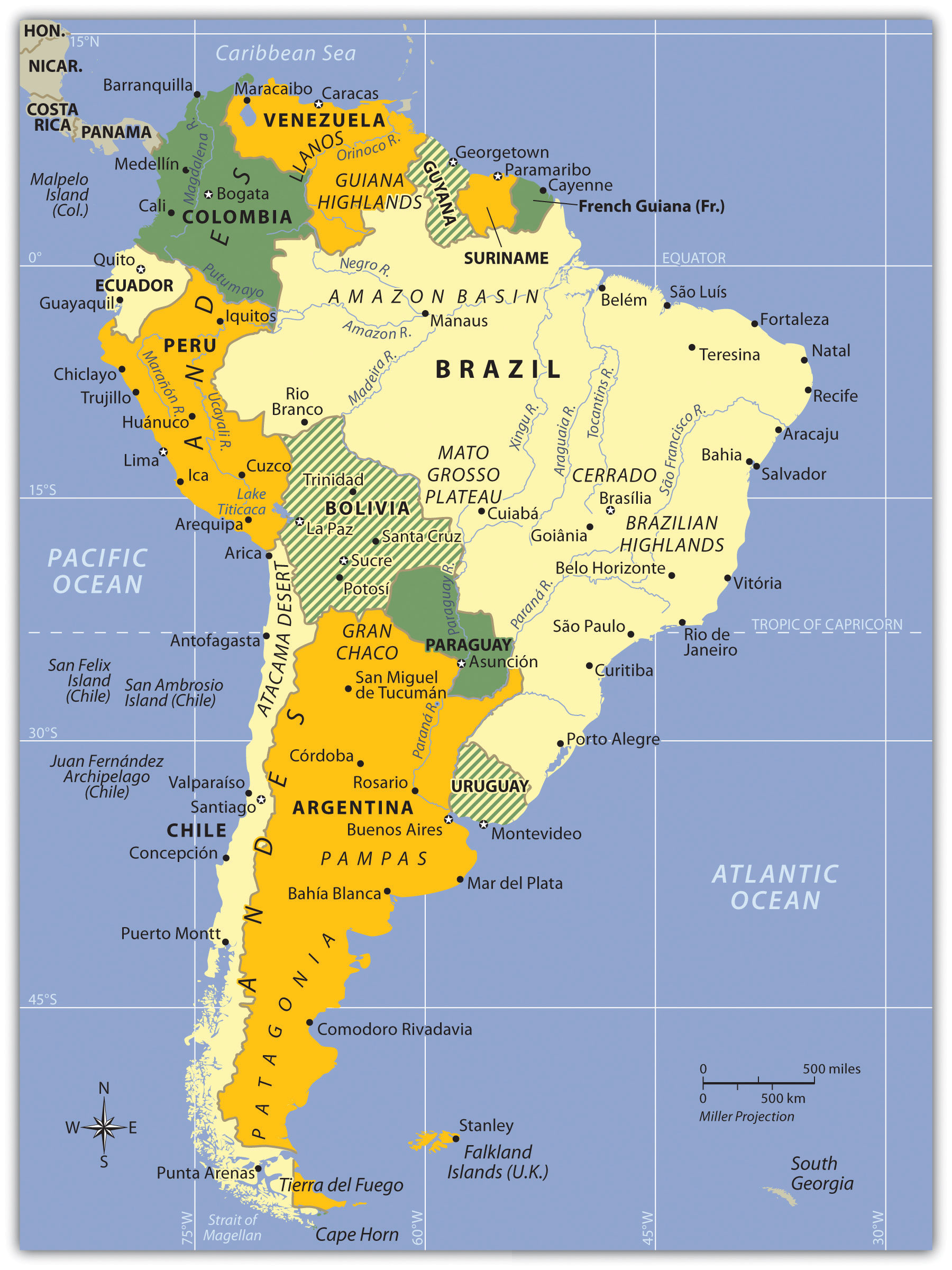 South America Map With Physical Features - Time Zones Map