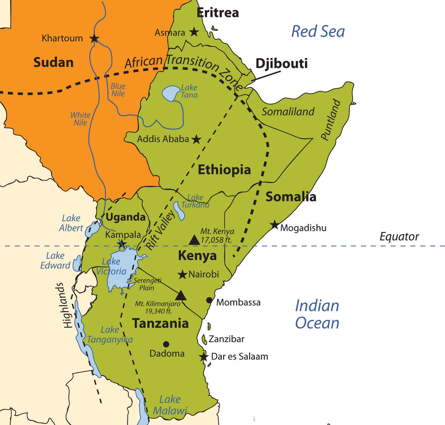 labeled physical features map of africa